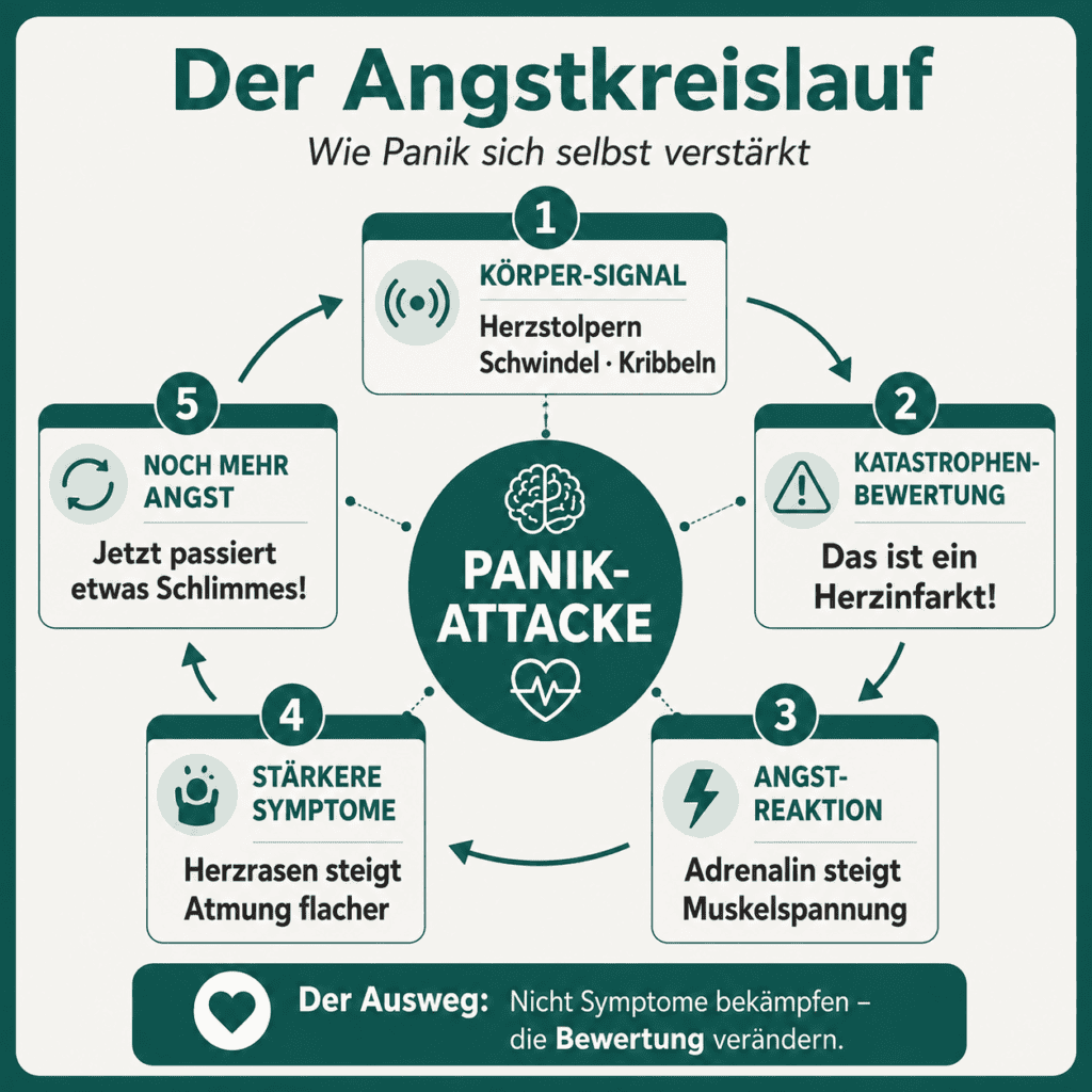 Infografik „Der Angstkreislauf – wie Panik sich selbst verstärkt“: Körpersignal, Katastrophenbewertung, Angstreaktion, stärkere Symptome und noch mehr Angst bilden einen Kreis um die Panikattacke. Der Ausweg: nicht die Symptome bekämpfen, sondern die Bewertung verändern.