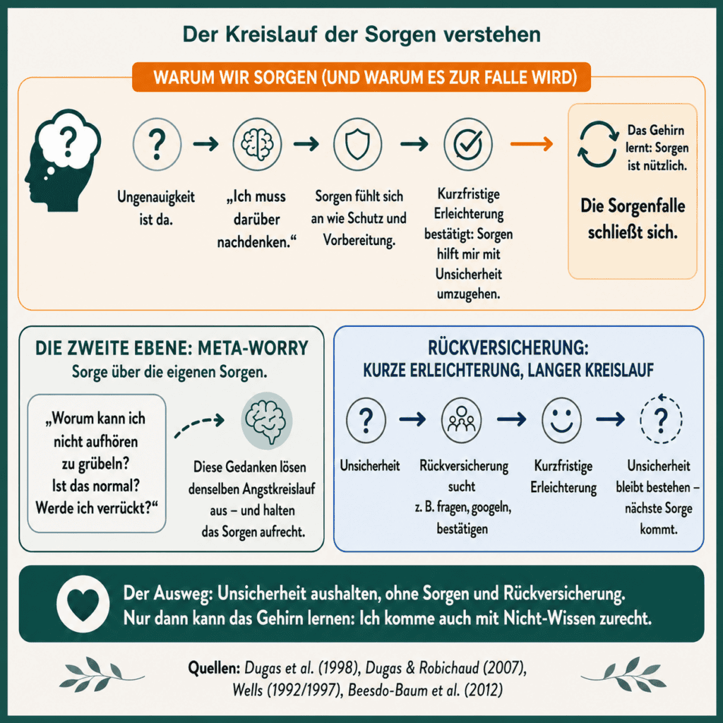 Infografik: Der Kreislauf der Sorgen im Gehirn – erklärt, wie Unsicherheit, Sorgen, Meta-Sorgen und Rückversicherung kurzfristig Erleichterung schaffen, den Sorgenkreislauf aber aufrechterhalten und warum der Umgang mit Ungewissheit helfen kann.
