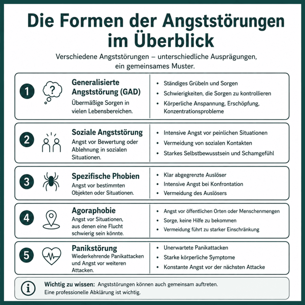 Übersicht der fünf wichtigsten Angststörungen: generalisierte Angststörung, soziale Angststörung, spezifische Phobien, Agoraphobie und Panikstörung mit ihren jeweiligen typischen Merkmalen.