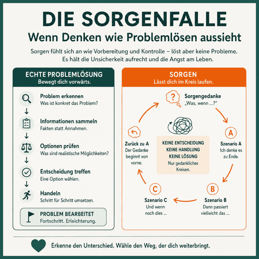 Infografik „Die Sorgenfalle“: Der Unterschied zwischen echter Problemlösung und Sorgenkreislauf. Die Darstellung zeigt, wie Sorgen durch gedankliches Durchspielen von Szenarien Unsicherheit aufrechterhalten, während konkrete Problemlösung durch Informationen, Entscheidungen und Handeln voranführt.