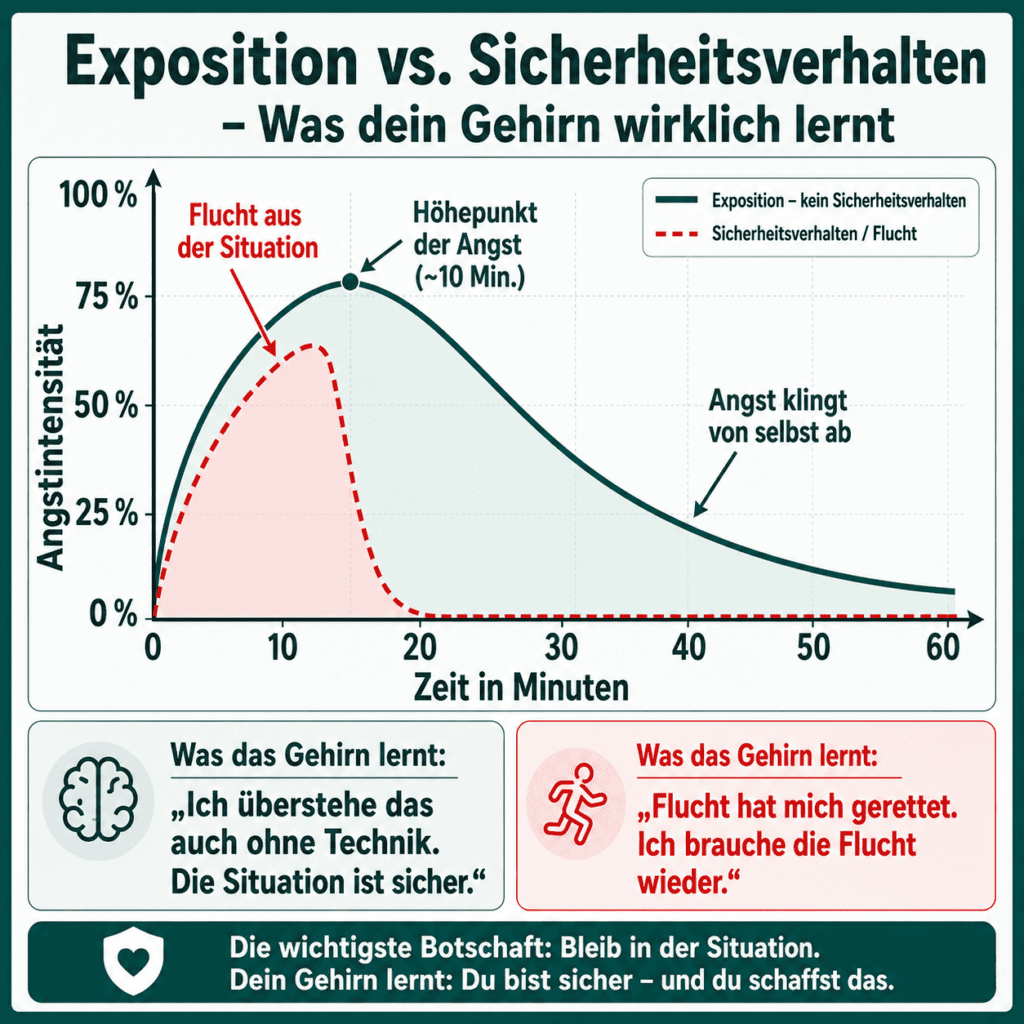 Infografik „Exposition vs. Sicherheitsverhalten – was dein Gehirn wirklich lernt“: Kurvendiagramm der Angstintensität über 60 Minuten. Ohne Sicherheitsverhalten steigt die Angst bis etwa Minute 10 und klingt von selbst ab; bei Flucht bricht sie sofort ab, und das Gehirn lernt, die Flucht zu brauchen.