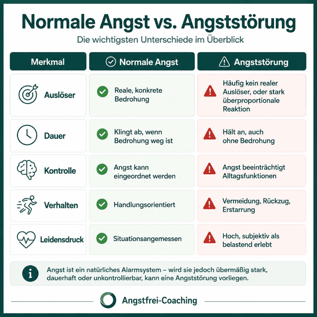 Infografik „Normale Angst vs. Angststörung“: Vergleich von Auslöser, Dauer, Kontrolle, Verhalten und Leidensdruck bei normaler Angst und Angststörungen – verständlich erklärt von Angstfrei-Coaching.