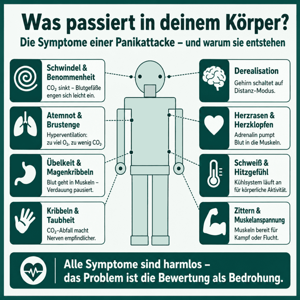 Infografik „Was passiert in deinem Körper?“ – acht Symptome einer Panikattacke und ihre Ursache: Schwindel, Atemnot, Übelkeit, Kribbeln, Derealisation, Herzrasen, Schweiß und Zittern. Fazit: Alle Symptome sind harmlos, das Problem ist ihre Bewertung als Bedrohung.