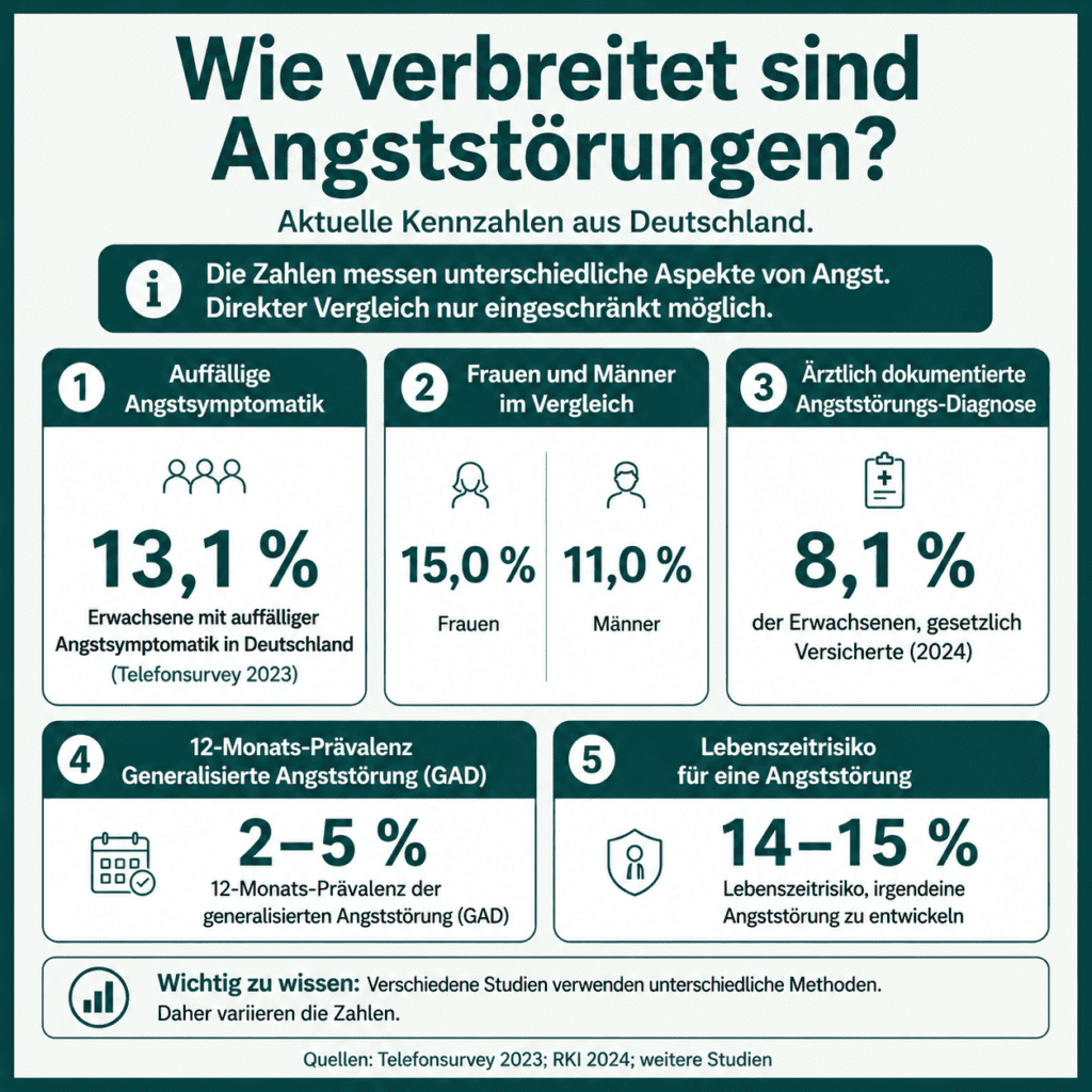 Infografik zur Verbreitung von Angststörungen in Deutschland mit aktuellen Kennzahlen zu Angstsymptomen, Frauen und Männern, dokumentierten Diagnosen, generalisierter Angststörung und Lebenszeitrisiko.