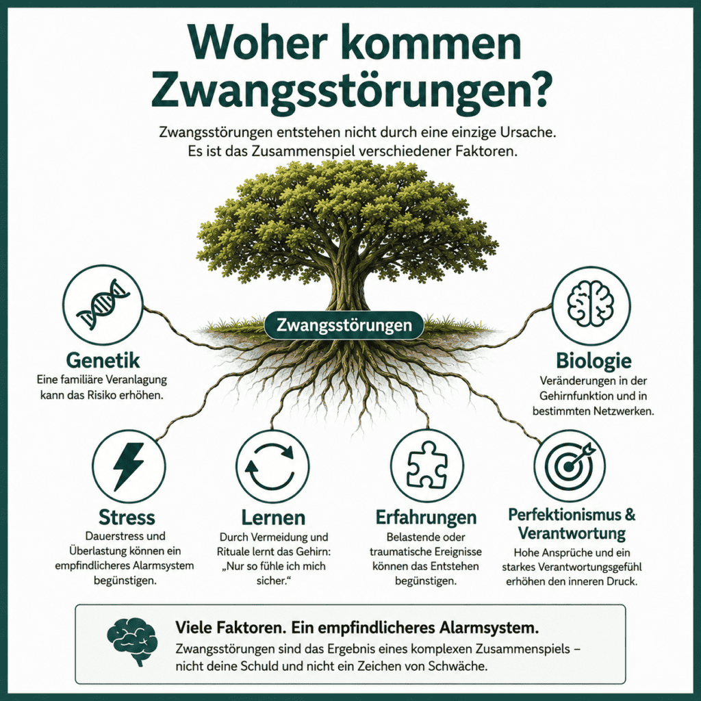 Infografik zu den Ursachen einer Zwangsstörung: Baum mit Wurzeln als Symbol für das Zusammenspiel von Genetik, Biologie, Stress, Lernprozessen, Erfahrungen sowie Perfektionismus und Verantwortungsgefühl.