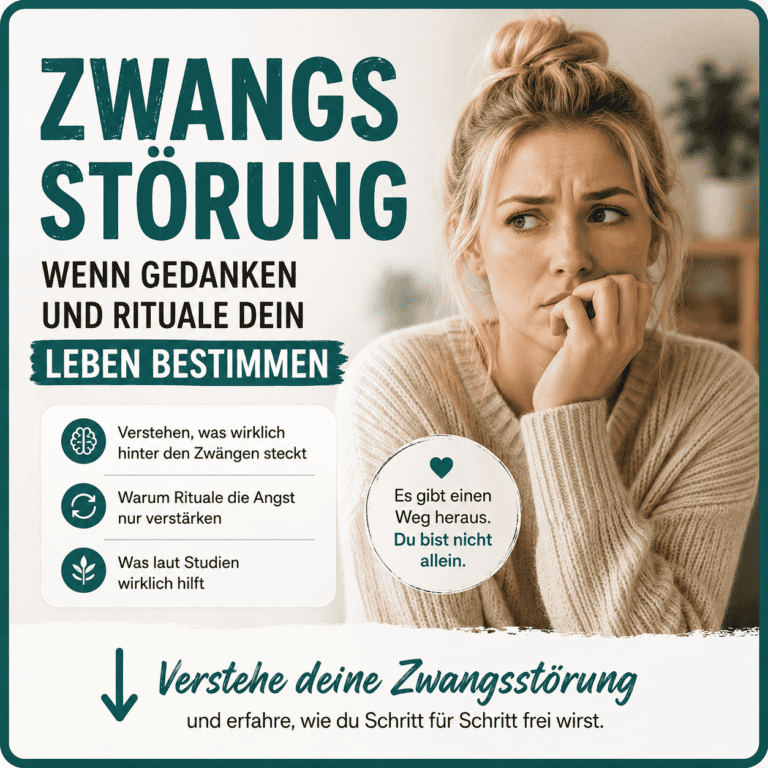 Infografik zur Zwangsstörung: Eine blonde Frau mit ängstlichem Gesichtsausdruck, ergänzt durch Informationen zu Zwangsgedanken, Zwangsritualen und einem möglichen Weg aus der Zwangsstörung.
