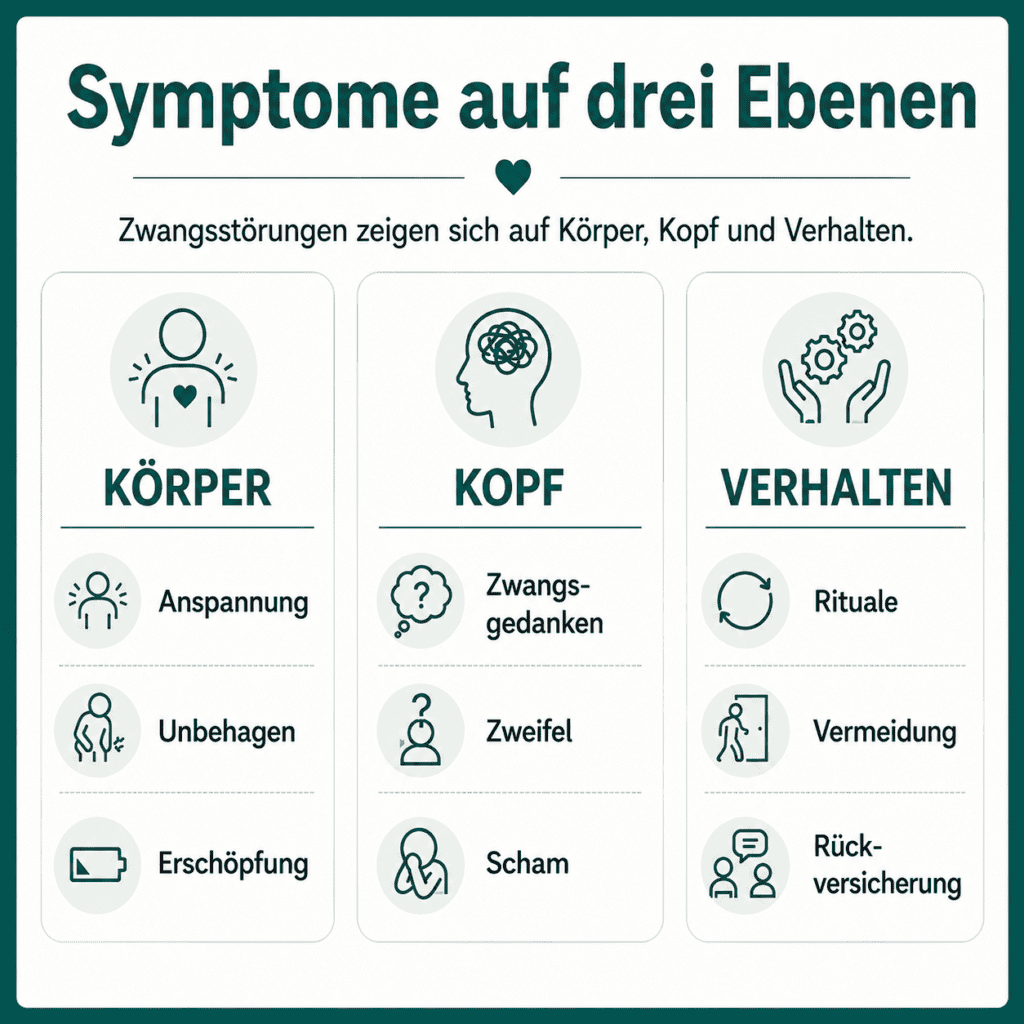 Infografik zu Zwangsstörung-Symptomen auf drei Ebenen: körperliche Beschwerden wie Anspannung und Erschöpfung, psychische Symptome wie Zwangsgedanken und Zweifel sowie Verhaltensweisen wie Rituale, Vermeidung und Rückversicherung.