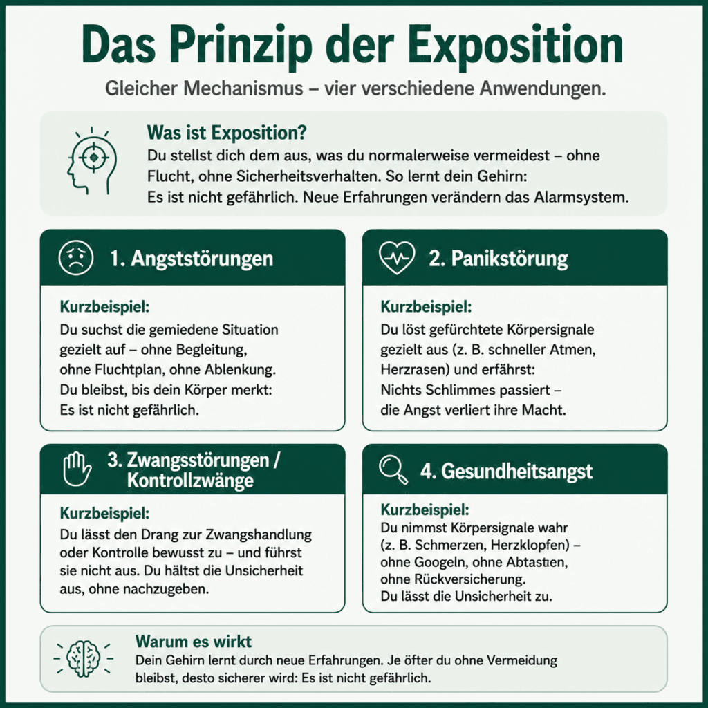 Infografik zum Prinzip der Exposition bei Angststörungen, Panikstörung, Zwangsstörungen und Gesundheitsangst mit jeweils einem konkreten Beispiel für die Anwendung.