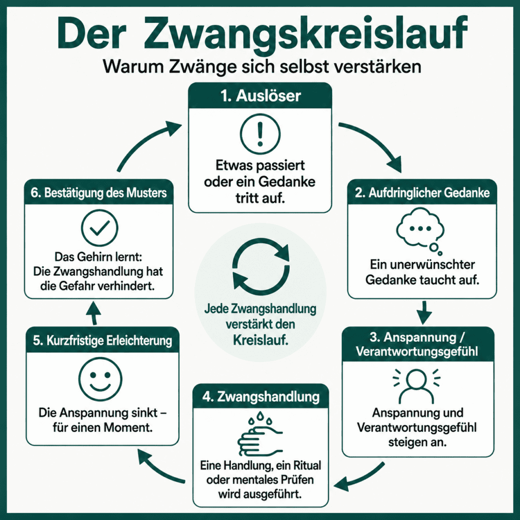 Infografik zum Zwangskreislauf: Ein Kreislaufdiagramm zeigt, wie ein Auslöser zu einem aufdringlichen Gedanken, Anspannung und Verantwortungsgefühl führt. Darauf folgt eine Zwangshandlung, die kurzfristig Erleichterung verschafft, das Muster jedoch bestätigt und den Zwang langfristig aufrechterhält.