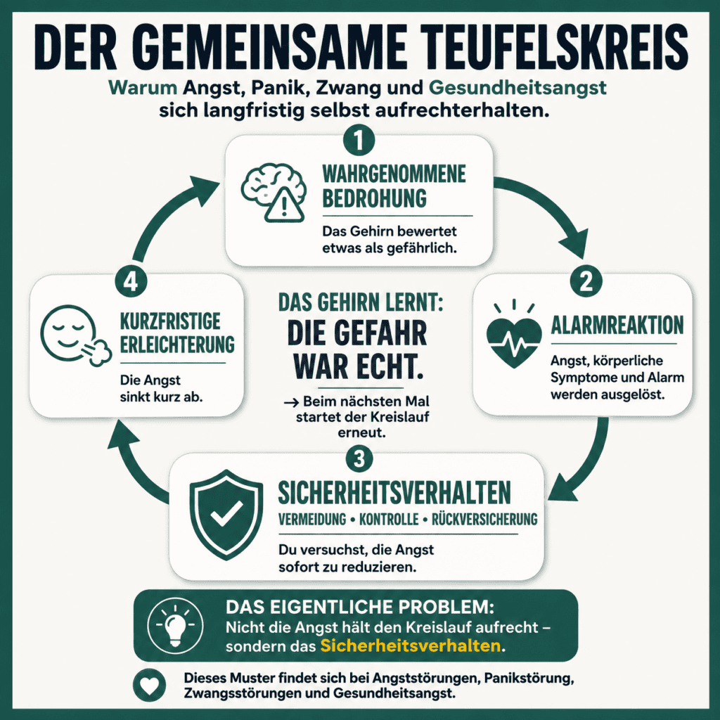 Infografik „Der gemeinsame Teufelskreis“ – warum Angst, Panik, Zwang und Gesundheitsangst sich langfristig selbst aufrechterhalten: wahrgenommene Bedrohung, Alarmreaktion, Sicherheitsverhalten und kurzfristige Erleichterung bilden einen Kreislauf. Das Gehirn lernt daraus: Die Gefahr war echt.
