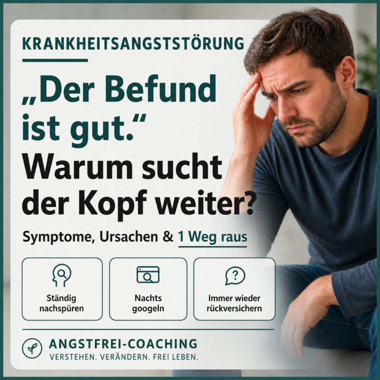 Titelbild zum Blogbeitrag über Krankheitsangststörung: Ein besorgt wirkender Mann hält sich die Hand an die Stirn. Im Vordergrund stehen die Themen „Der Befund ist gut. Warum sucht der Kopf weiter?“, Symptome, Ursachen und ein Weg aus der Krankheitsangst. Genannt werden ständiges Nachspüren, nächtliches Googeln und wiederholtes Rückversichern. Angstfrei-Coaching.