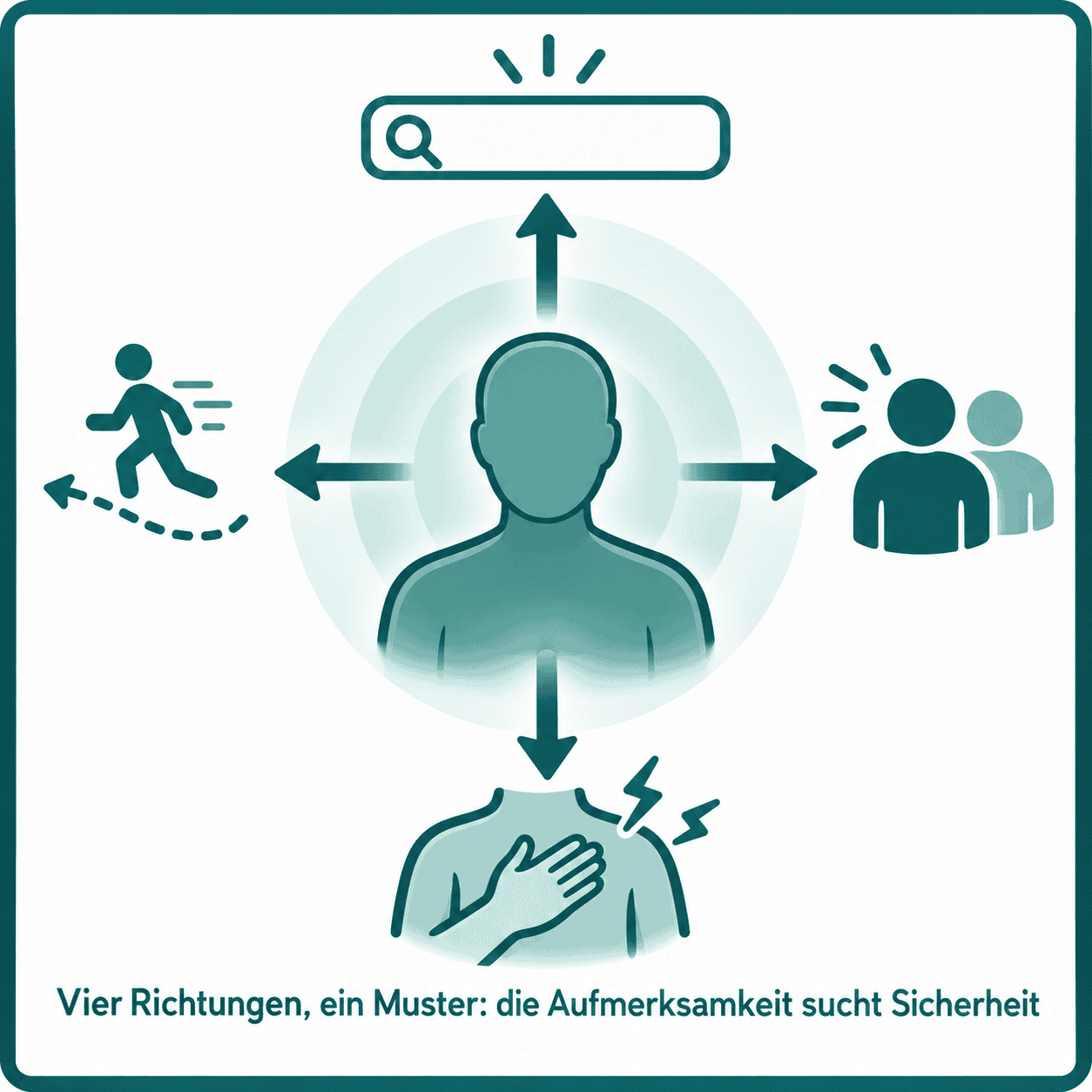 Infografik zur Krankheitsangst mit zentraler Körpersilhouette und vier Aufmerksamkeitsrichtungen zu Körperwahrnehmung, Rückversicherung durch andere, Internetrecherche und Vermeidung.