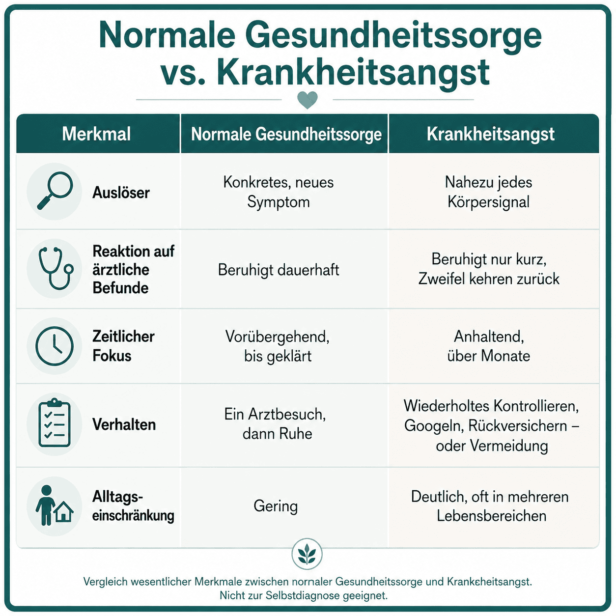 Infografik „Normale Gesundheitssorge vs. Krankheitsangst“ mit Vergleichstabelle zu Auslösern, Reaktion auf ärztliche Befunde, zeitlichem Fokus, Verhalten und Alltagseinschränkungen; normale Gesundheitssorge bei konkreten neuen Symptomen und vorübergehender Abklärung, Krankheitsangst bei Sorgen über nahezu jedes Körpersignal, wiederholtem Kontrollieren, Googeln, Rückversichern oder Vermeiden und deutlichen Einschränkungen im Alltag.