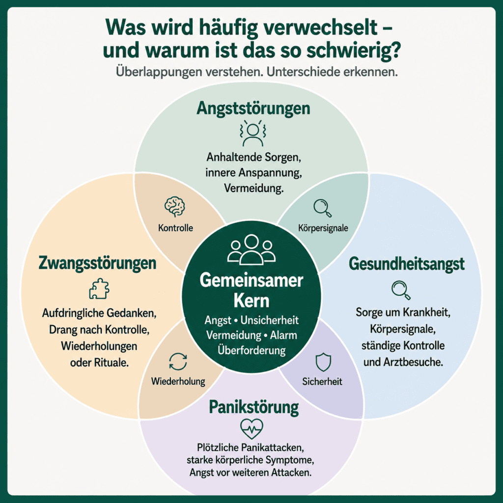 Infografik zeigt die Überschneidungen von Angststörungen, Panikstörung, Zwangsstörungen und Gesundheitsangst. Im gemeinsamen Kern stehen Angst, Unsicherheit, Vermeidung, Alarm und Überforderung.
