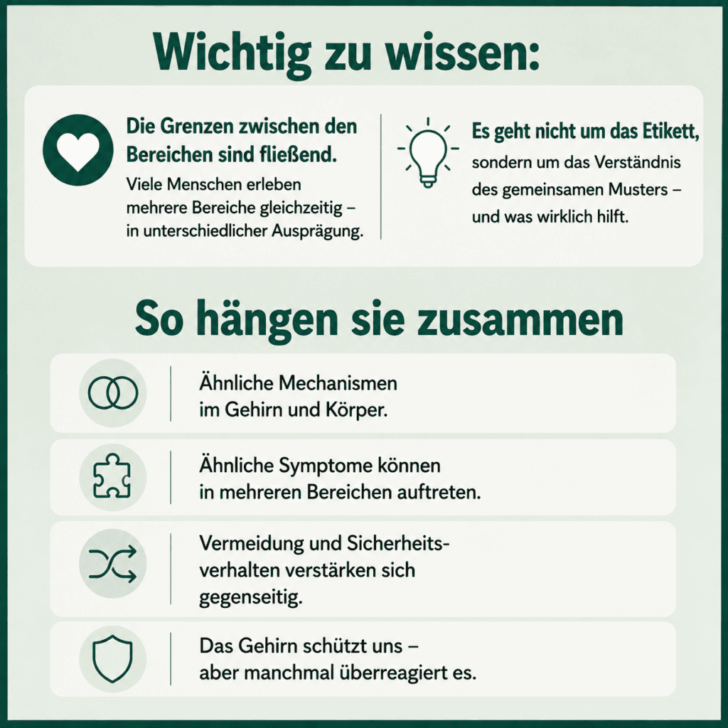 Infografik erklärt, wie Angststörungen, Panikstörung, Zwangsstörungen und Gesundheitsangst zusammenhängen: ähnliche Mechanismen, überschneidende Symptome, verstärkendes Vermeidungs- und Sicherheitsverhalten sowie ein manchmal überreagierendes Schutzsystem.