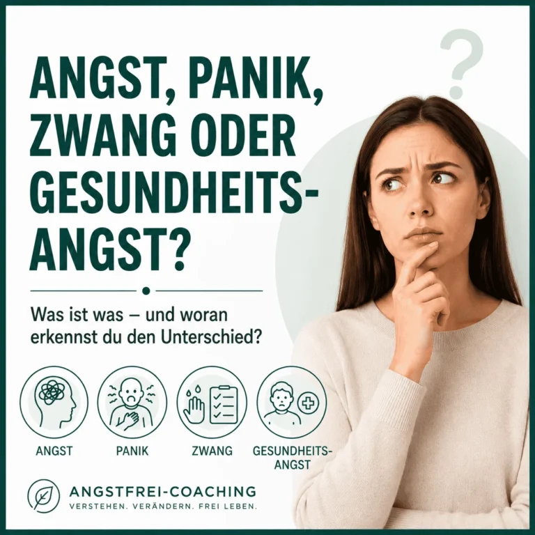Titelbild Angstzustände, Panik, Zwang oder Gesundheitsangst? Nachdenkliche Frau mit der Hand am Kinn und vier Symbolen – was ist was und woran du den Unterschied erkennst