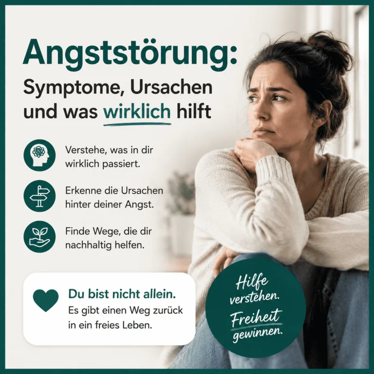 Titelbild Angststörung: Symptome, Ursachen und was wirklich hilft – nachdenkliche Frau mit drei Hinweisen und dem Satz „Du bist nicht allein“