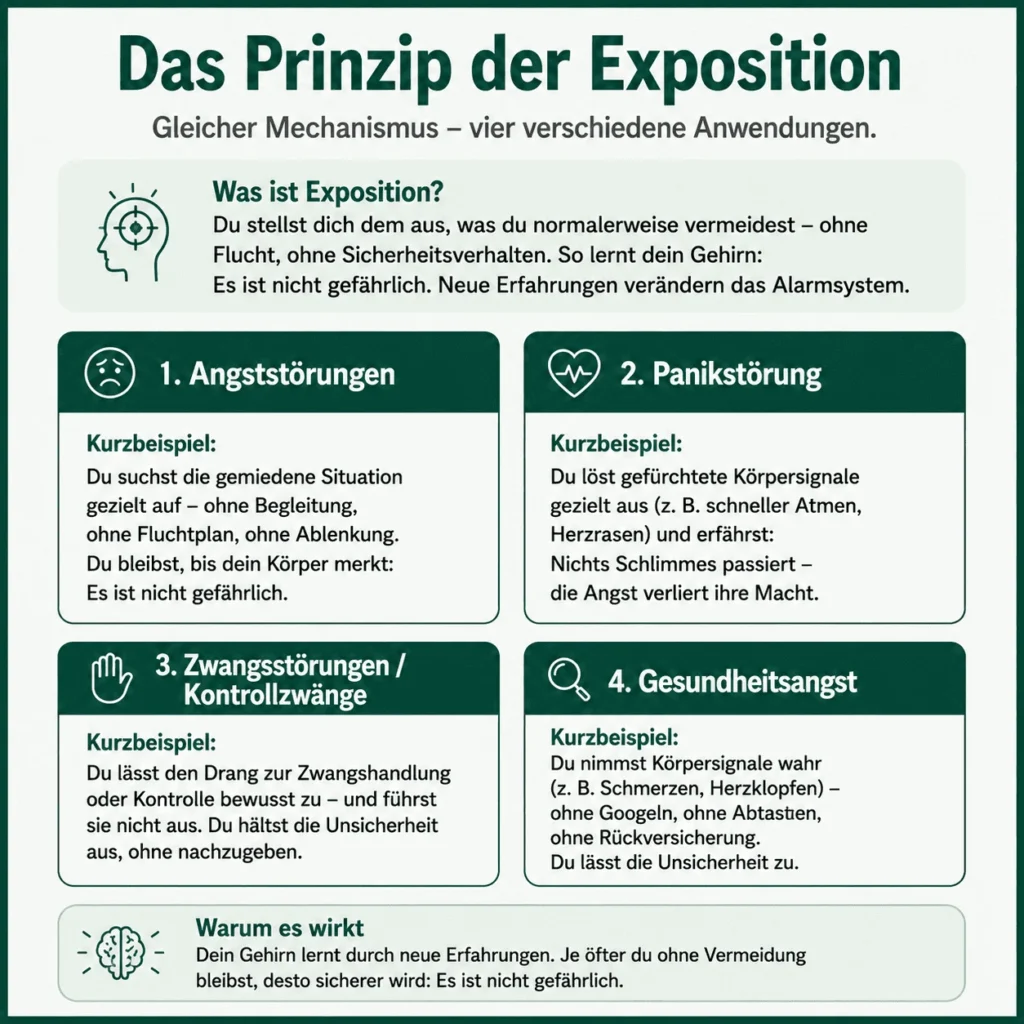 Angstzustände, Panik, Zwang oder Gesundheitsangst? Was ist was – und woran erkennst du den Unterschied? 7 Angstzustände – Infografik zum Prinzip der Exposition bei Angststörungen, Panikstörung, Zwangsstörungen und Gesundheitsangst mit jeweils einem konkreten Beispiel für die Anwendung.