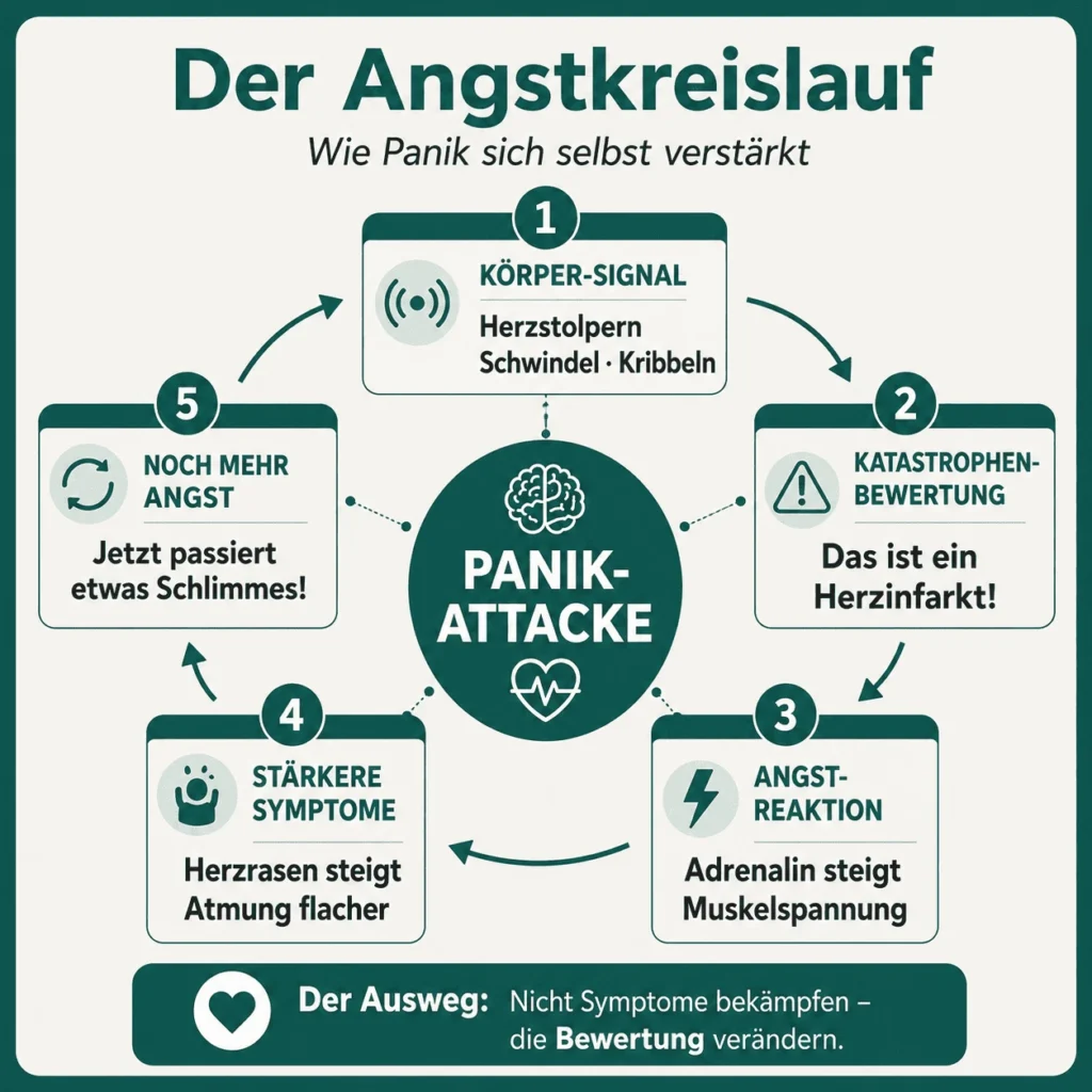 Panikattacken – Infografik „Der Angstkreislauf – wie Panik sich selbst verstärkt“: Körpersignal, Katastrophenbewertung, Angstreaktion, stärkere Symptome und noch mehr Angst bilden einen Kreis um die Panikattacke. Der Ausweg: nicht die Symptome bekämpfen, sondern die Bewertung verändern.