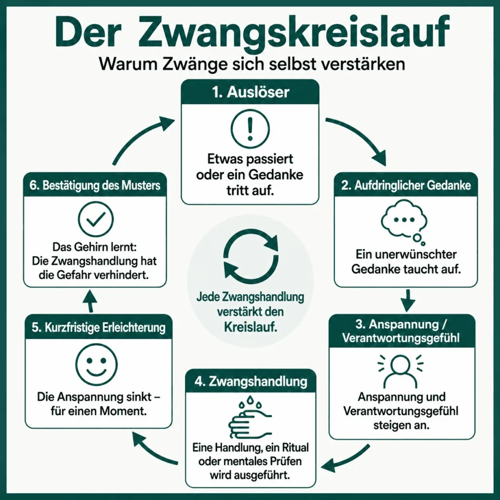 Angstzustände, Panik, Zwang oder Gesundheitsangst? Was ist was – und woran erkennst du den Unterschied? 4 Angstzustände – Infografik zum Zwangskreislauf: Ein Kreislaufdiagramm zeigt, wie ein Auslöser zu einem aufdringlichen Gedanken, Anspannung und Verantwortungsgefühl führt. Darauf folgt eine Zwangshandlung, die kurzfristig Erleichterung verschafft, das Muster jedoch bestätigt und den Zwang langfristig aufrechterhält.