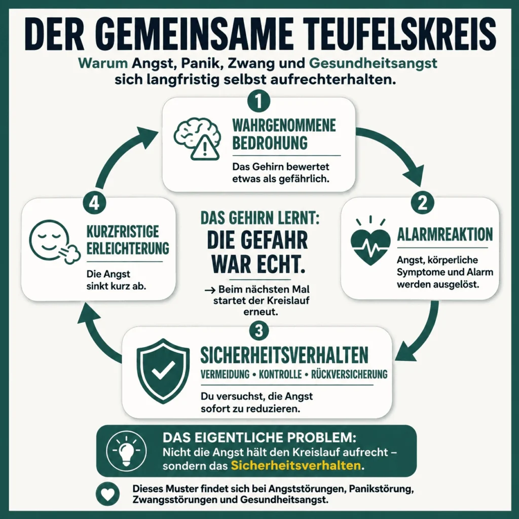 Angstzustände, Panik, Zwang oder Gesundheitsangst? Was ist was – und woran erkennst du den Unterschied? 2 Angstzustände – Infografik „Der gemeinsame Teufelskreis“ – warum Angst, Panik, Zwang und Gesundheitsangst sich langfristig selbst aufrechterhalten: wahrgenommene Bedrohung, Alarmreaktion, Sicherheitsverhalten und kurzfristige Erleichterung bilden einen Kreislauf. Das Gehirn lernt daraus: Die Gefahr war echt.