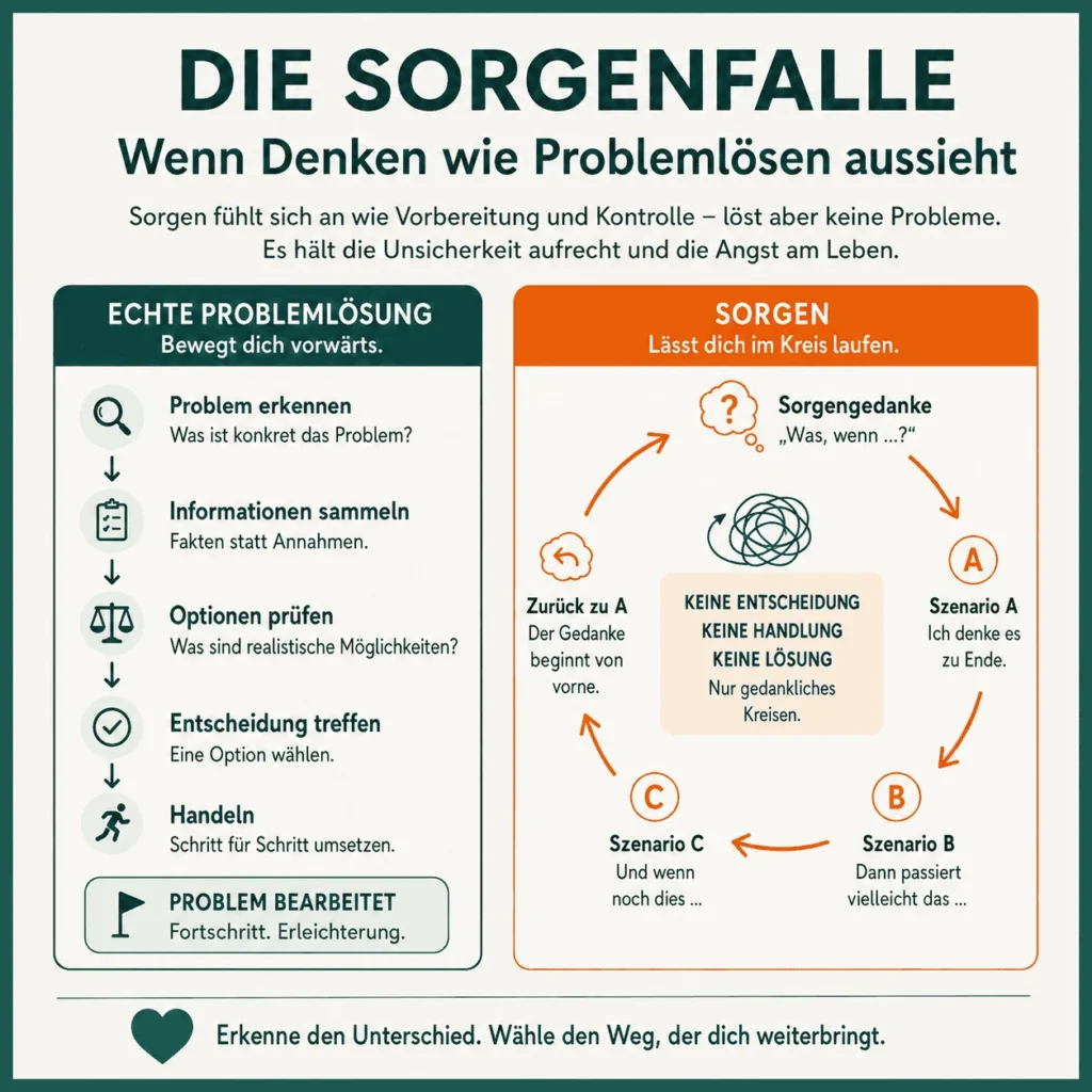 Angststörung – Infografik „Die Sorgenfalle“: Der Unterschied zwischen echter Problemlösung und Sorgenkreislauf. Die Darstellung zeigt, wie Sorgen durch gedankliches Durchspielen von Szenarien Unsicherheit aufrechterhalten, während konkrete Problemlösung durch Informationen, Entscheidungen und Handeln voranführt.