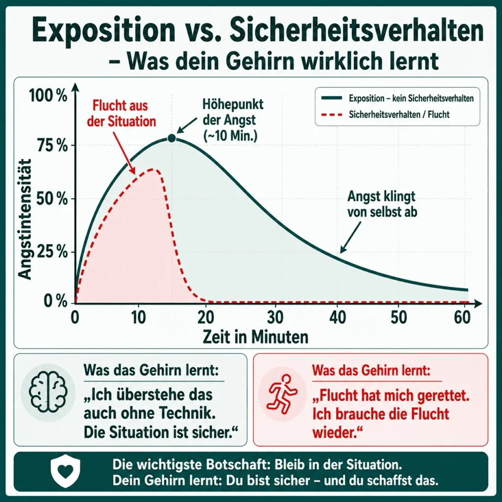Panikattacken – Infografik „Exposition vs. Sicherheitsverhalten – was dein Gehirn wirklich lernt“: Kurvendiagramm der Angstintensität über 60 Minuten. Ohne Sicherheitsverhalten steigt die Angst bis etwa Minute 10 und klingt von selbst ab; bei Flucht bricht sie sofort ab, und das Gehirn lernt, die Flucht zu brauchen.