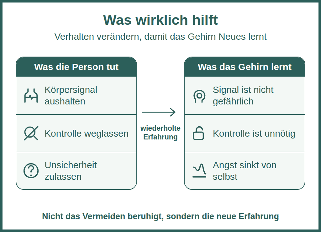 Hypochondrie – Zwei-Spalten-Grafik zum Wirkprinzip der Exposition bei Krankheitsangststörung: links die Handlungen Körpersignal aushalten, Kontrolle weglassen und Unsicherheit zulassen, rechts die Lernerfahrungen Signal ist nicht gefährlich, Kontrolle ist unnötig und Angst sinkt von selbst, verbunden durch einen Pfeil mit der Beschriftung wiederholte Erfahrung.