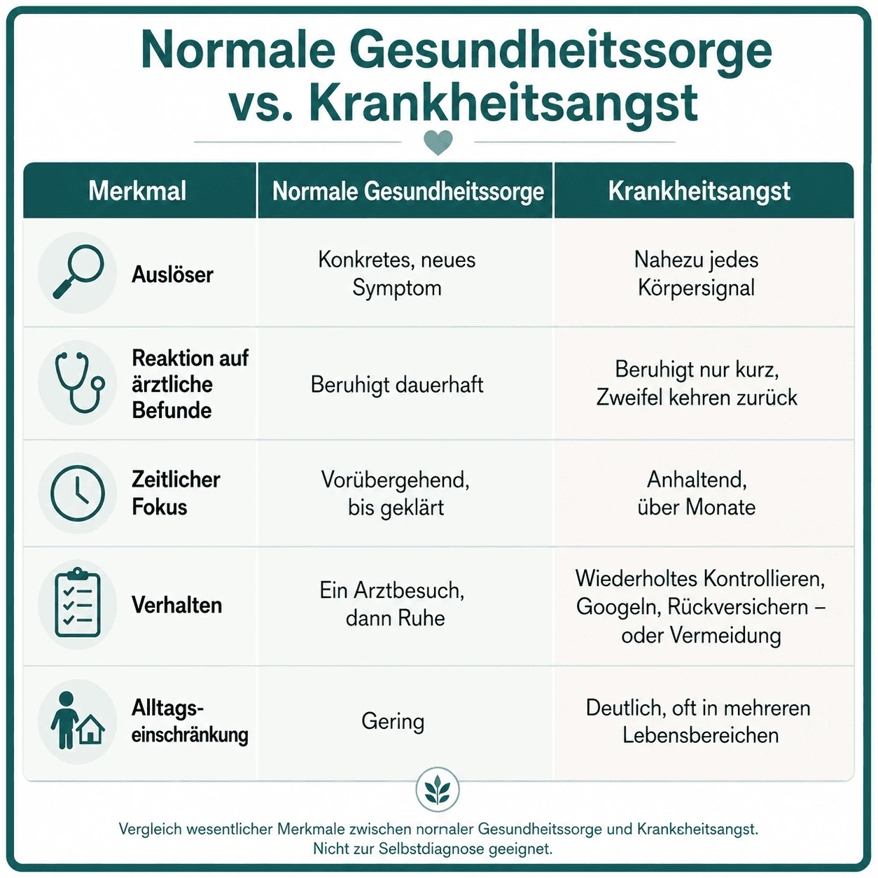 Hypochondrie – Infografik „Normale Gesundheitssorge vs. Krankheitsangst“ mit Vergleichstabelle zu Auslösern, Reaktion auf ärztliche Befunde, zeitlichem Fokus, Verhalten und Alltagseinschränkungen; normale Gesundheitssorge bei konkreten neuen Symptomen und vorübergehender Abklärung, Krankheitsangst bei Sorgen über nahezu jedes Körpersignal, wiederholtem Kontrollieren, Googeln, Rückversichern oder Vermeiden und deutlichen Einschränkungen im Alltag.