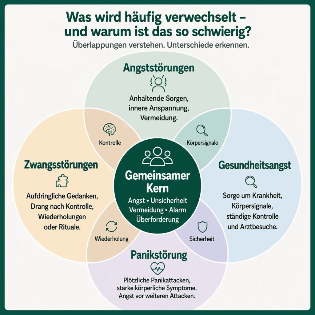Angstzustände, Panik, Zwang oder Gesundheitsangst? Was ist was – und woran erkennst du den Unterschied? 5 Angstzustände – Infografik zeigt die Überschneidungen von Angststörungen, Panikstörung, Zwangsstörungen und Gesundheitsangst. Im gemeinsamen Kern stehen Angst, Unsicherheit, Vermeidung, Alarm und Überforderung.