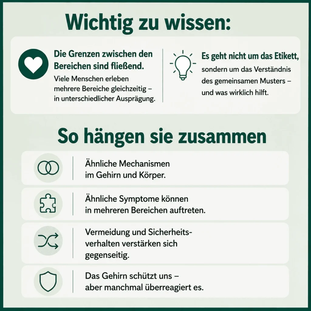 Angstzustände, Panik, Zwang oder Gesundheitsangst? Was ist was – und woran erkennst du den Unterschied? 6 Angstzustände – Infografik erklärt, wie Angststörungen, Panikstörung, Zwangsstörungen und Gesundheitsangst zusammenhängen: ähnliche Mechanismen, überschneidende Symptome, verstärkendes Vermeidungs- und Sicherheitsverhalten sowie ein manchmal überreagierendes Schutzsystem.