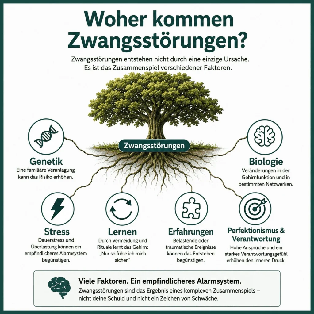 Infografik zu den Ursachen einer Zwangsstörung: Baum mit Wurzeln als Symbol für das Zusammenspiel von Genetik, Biologie, Stress, Lernprozessen, Erfahrungen sowie Perfektionismus und Verantwortungsgefühl.