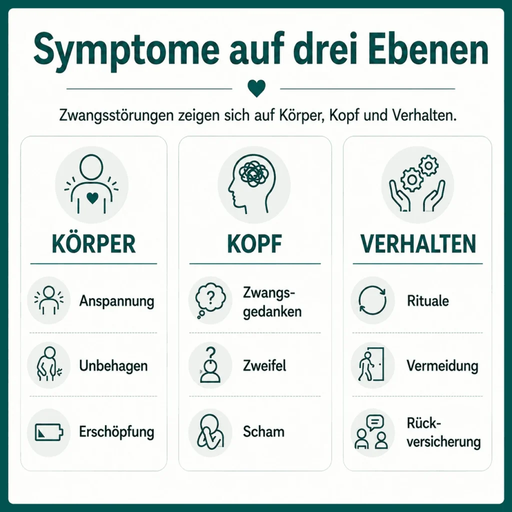 Infografik zu Zwangsstörung-Symptomen auf drei Ebenen: körperliche Beschwerden wie Anspannung und Erschöpfung, psychische Symptome wie Zwangsgedanken und Zweifel sowie Verhaltensweisen wie Rituale, Vermeidung und Rückversicherung.