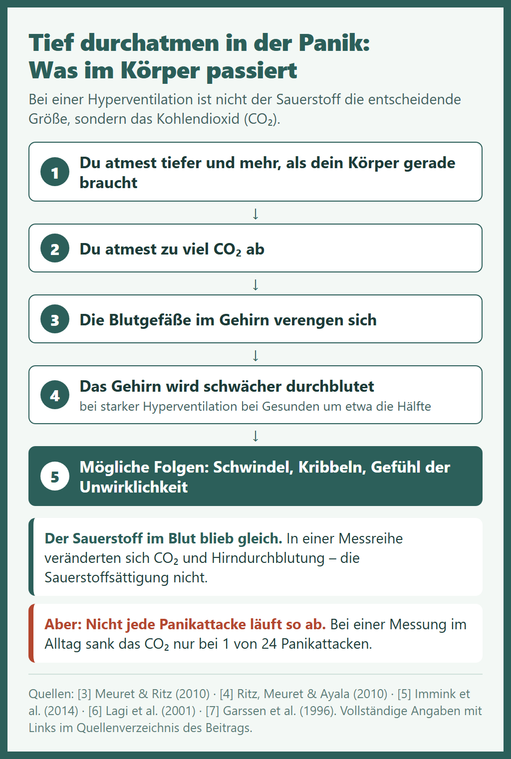 Atemübungen bei Panikattacken – Ablaufgrafik Hyperventilation Panikattacke: tiefer atmen, zu viel CO₂ abatmen, Hirngefäße verengen sich, Gehirn wird schwächer durchblutet, mögliche Folgen Schwindel, Kribbeln und Unwirklichkeitsgefühl