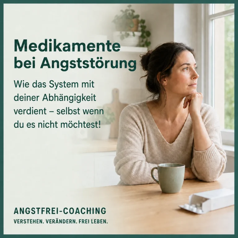Titelbild Medikamente bei Angststörung: nachdenkliche Frau am Küchentisch mit Tasse und Tablettenschachtel – Wie das System mit deiner Abhängigkeit verdient, selbst wenn du es nicht möchtest