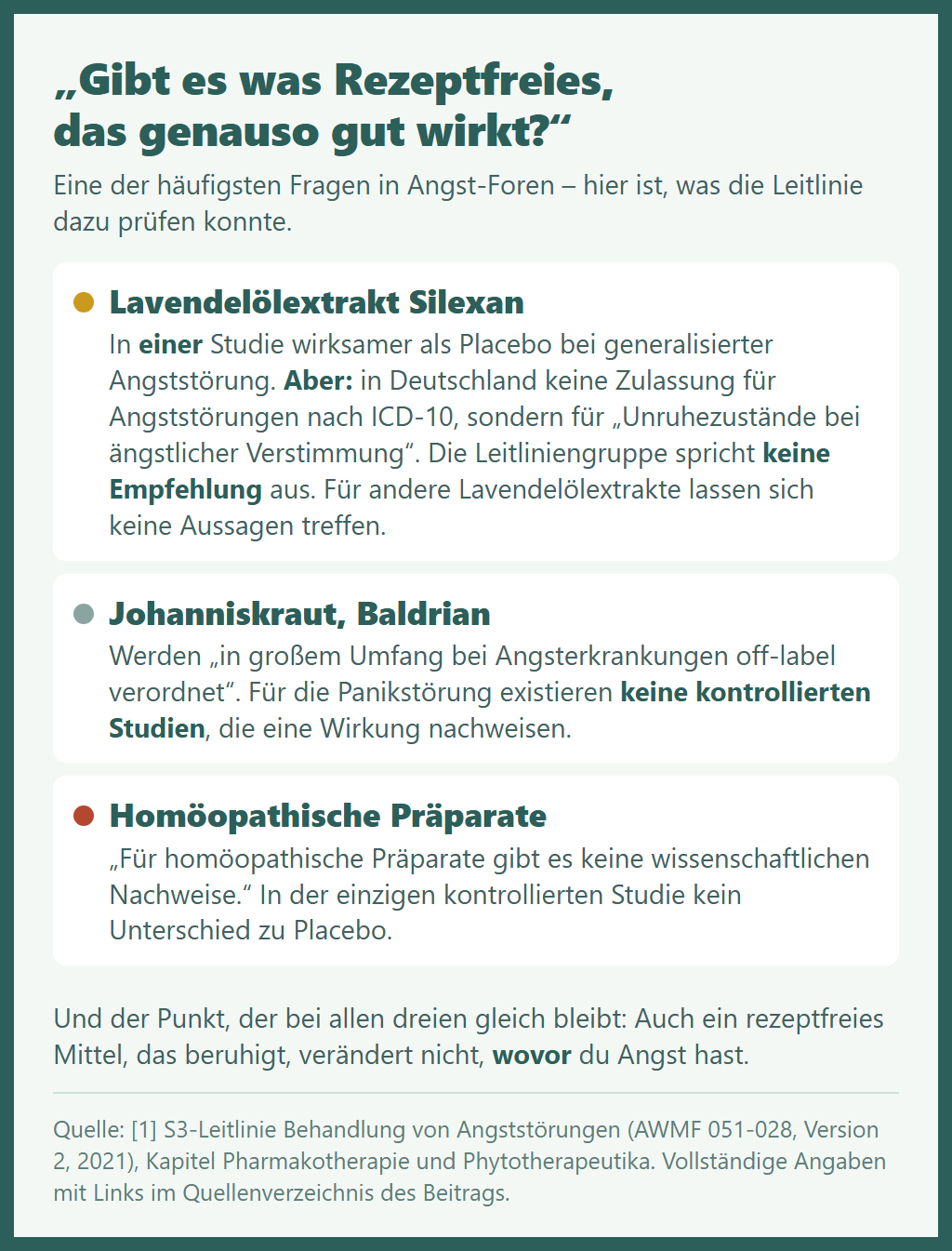 Medikamente bei Angststörung: Was die Leitlinie sagt – und warum trotzdem so wenige herauskommen 5 Medikamente bei Angststörung – Ampelgrafik zu rezeptfreien Mitteln bei Angst: Lavendelölextrakt Silexan gelb, Johanniskraut und Baldrian ohne Nachweis, homöopathische Präparate rot