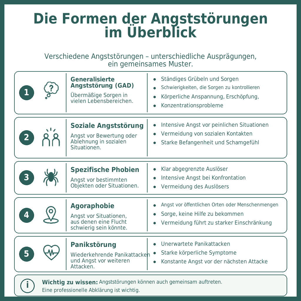 Angststörung – Infografik „Die Formen der Angststörungen im Überblick“: generalisierte Angststörung, soziale Angststörung, spezifische Phobien, Agoraphobie und Panikstörung mit ihren typischen Merkmalen