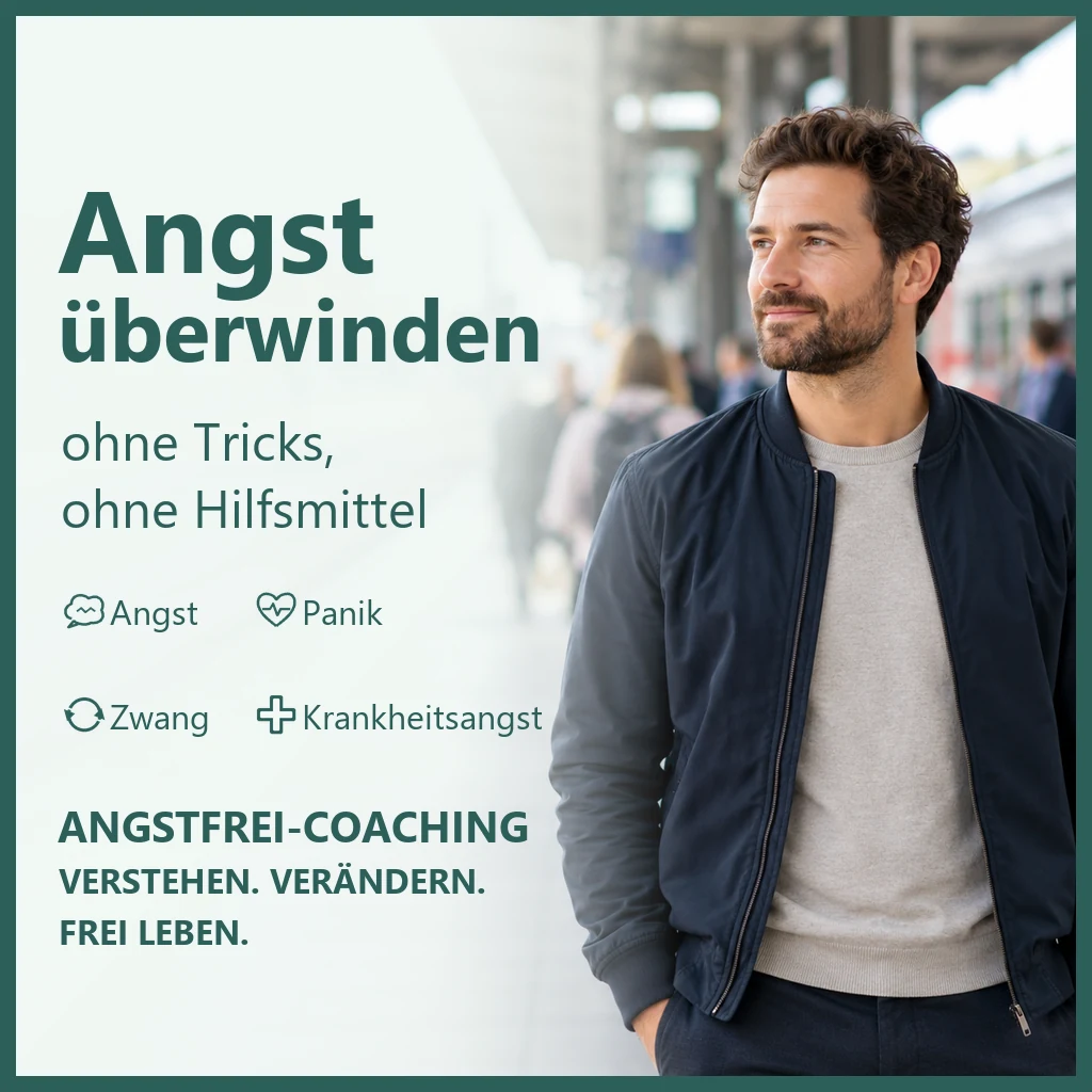 Titelbild Expositionstherapie – Angst überwinden ohne Tricks und ohne Hilfsmittel: Mann steht mitten im Alltag, ohne sich an etwas festzuhalten