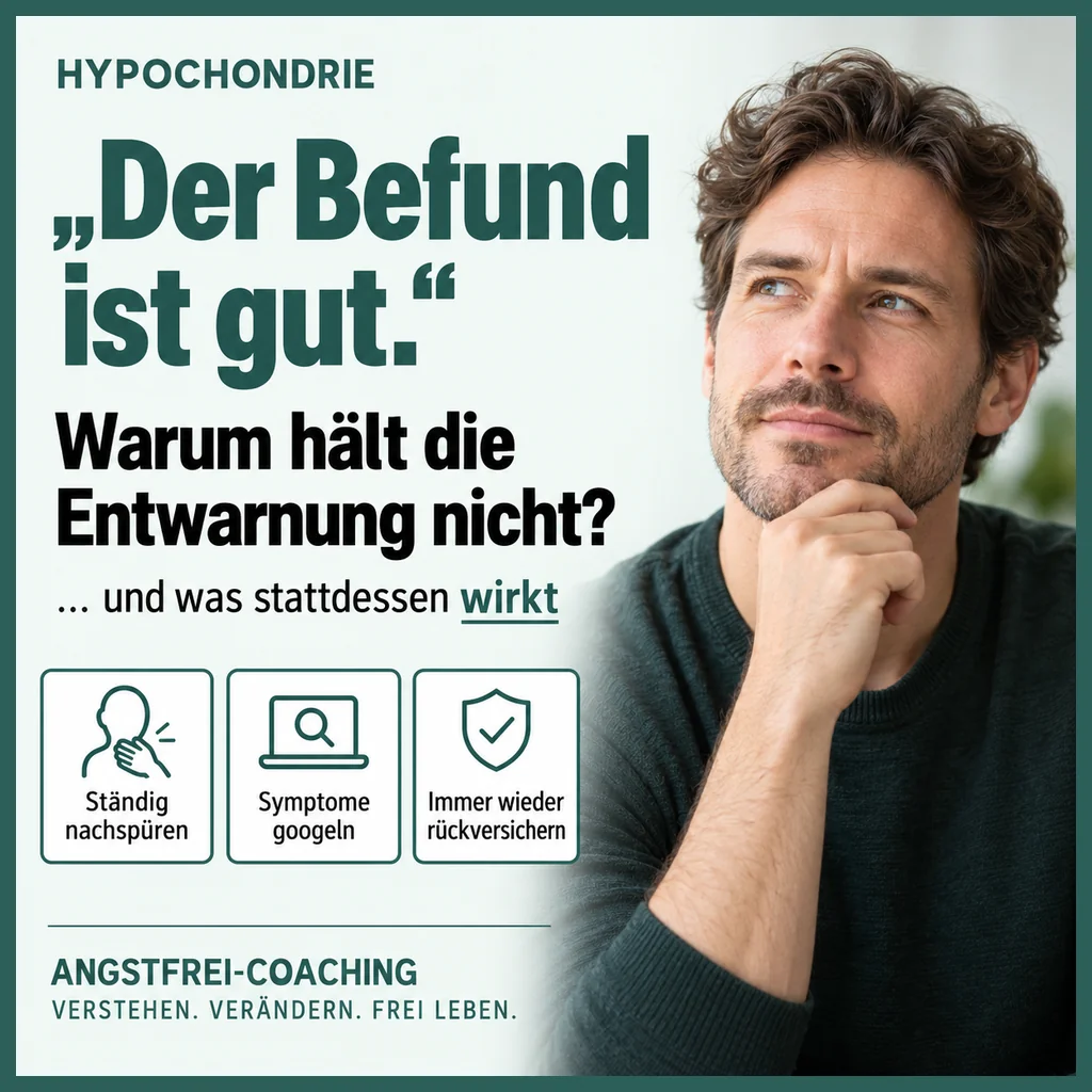 Hypochondrie – Titelbild: „Der Befund ist gut.“ Warum hält die Entwarnung nicht – und was stattdessen wirkt; ständig nachspüren, Symptome googeln, immer wieder rückversichern